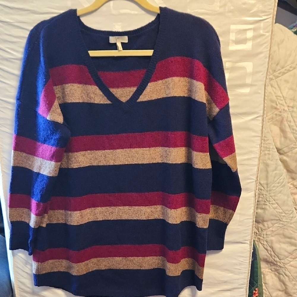 Joie Multicolor Striped V-Neck Drop Shoulder Sweater Sz L Oversized